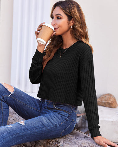 Zeagoo Long Sleeve Crop Tops for Women Trendy Loose Ribbed Knit Cropped T-Shirts Round Neck Casual Pullover Sweater