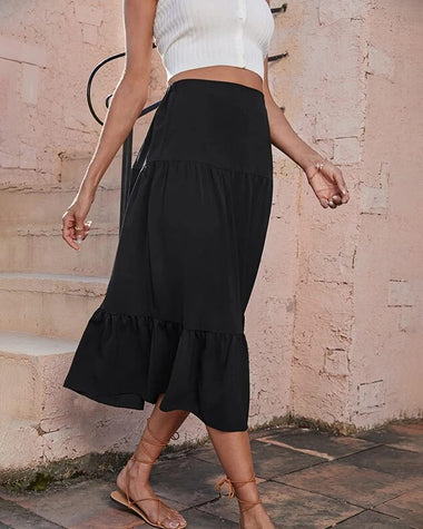 Women's Boho Elastic High Waist Ruffle A Line Swing Beach Long Maxi Skirt with Pockets - Zeagoo (Us Only)