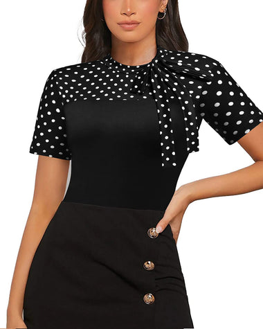 Women Office Work Blouse Short Sleeve Blouse Shirt Casual Tie Neck Tunic Blouse Tops - Zeagoo (Us Only)