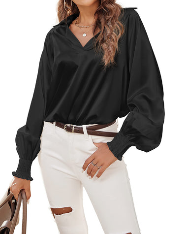 Women's Silk Shirts V Neck Shirred Lantern Sleeve Casual Work Blouse Tunic Tops - Zeagoo (Us Only)