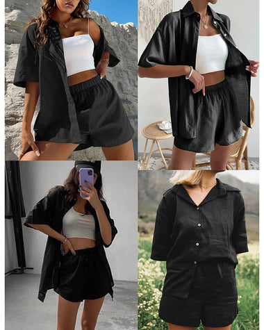 Women's 2 Piece Casual Tracksuit Outfit Sets Cotton Linen Short Sleeve Button Down Shirt and Loose Casual Shorts Set - Zeagoo (Us Only)