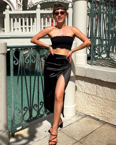 Women's Satin Midi Skirt High Waist Split Thigh Solid Zipper Skirt - Zeagoo (Us Only)