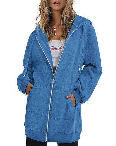 Women Casual Zip Up Fleece Hoodies Tunic Sweatshirt Long Hoodie