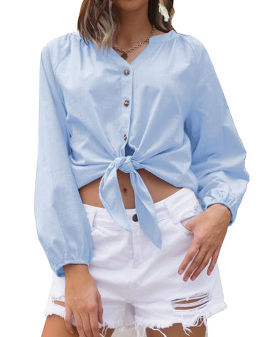 Womens Button Down V Neck Tie Knot Front Tops Cotton Long Sleeve Casual Blouse Shirts - Zeagoo (Us Only)