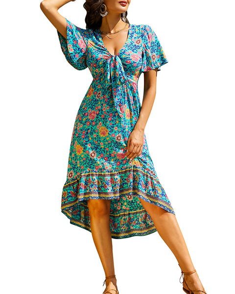 zeagoo womens bohemian floral tie front v neck short sleeve long midi dresses summer beach vacation boho dress