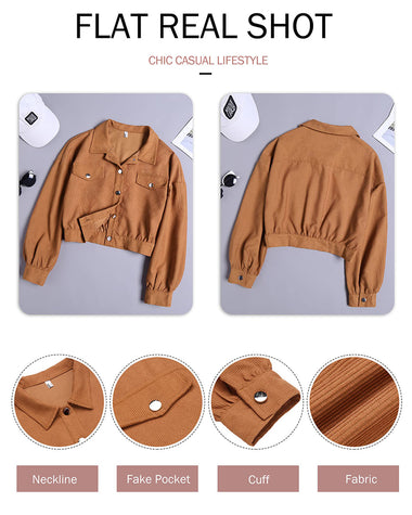 Women's Fashion Cropped Shacket Long SLeeve Trendy Button Down Corduroy Shirts Shacket Jackets - Zeagoo (Us Only)