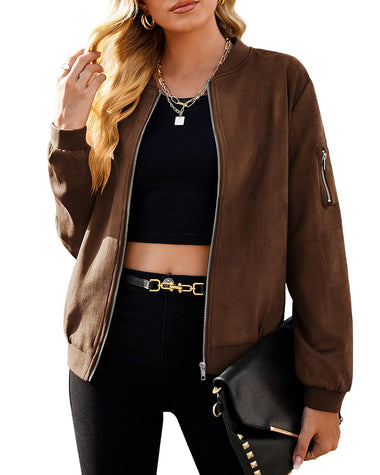 Faux Bomber Zip Up Lightweight Jacket Coat with Pockets - Zeagoo (Us Only)