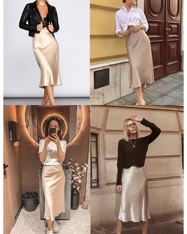 Womens Midi Skirt High Waisted Solid Satin Dress Zipper Elegant Work Skirts - Zeagoo (Us Only)