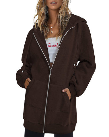 Women Zip Up Hoodies Long Fleece Jacket Lightweight Tunic Hooded Sweatshirt Oversize Winter Coat With Pockets - Zeagoo (Us Only)