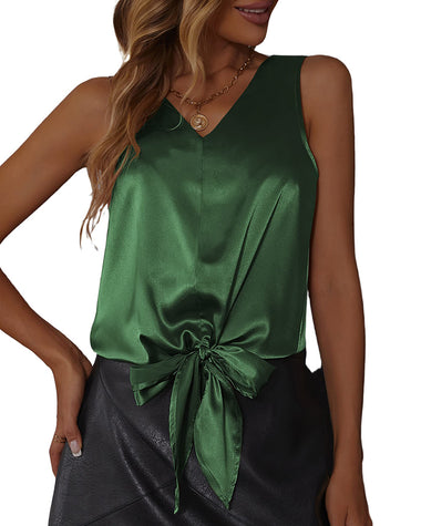 Womens Silk Satin Front Tie Tank Tops V Neck Camisole Fashion Sleeveless Causal Cami Shirt S-XXL - Zeagoo (Us Only)
