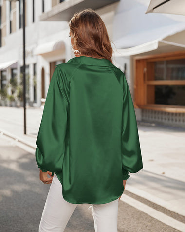 Women's Silk Shirts V Neck Shirred Lantern Sleeve Casual Work Blouse Tunic Tops - Zeagoo (Us Only)