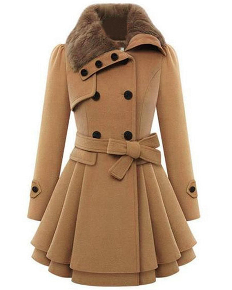 Faux Fur Lapel Double-Breasted Thick Wool Coat - Zeagoo (Us Only)