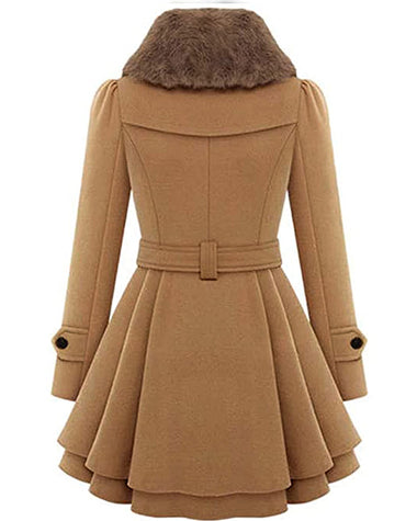 Women's Fashion Faux Fur Lapel Double-Breasted Thick Wool Trench Coat Jacket - Zeagoo (Us Only)