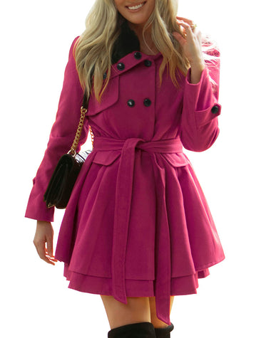 Women's Fashion Faux Fur Lapel Double-Breasted Thick Wool Trench Coat Jacket - Zeagoo (Us Only)