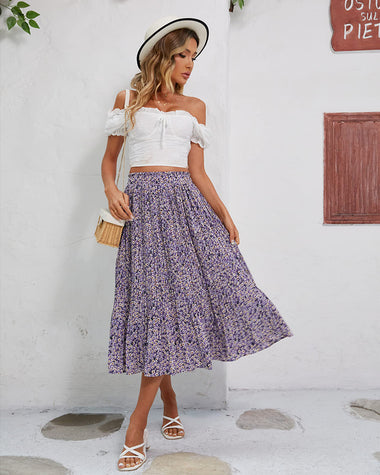 Women's Midi Skirts Elastic High Waist Skirt Polka Dot Casual Pleated Skirt with Pockets - Zeagoo (Us Only)