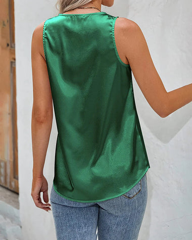 Womens Satin Tops V Neck Silk Tank Top Summer Camisole Sleeveless Blouse Loose Cami Zipper Basic Shirt - Zeagoo (Us Only)
