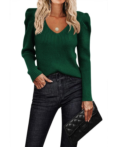 Zeagoo V Neck Sweaters for Women Casual Puff Sleeve Pullover Sweater Solid Soft Slim Fit Jumper Tops