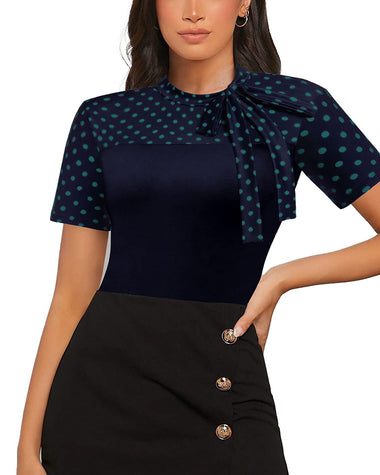 Women Office Work Blouse Short Sleeve Blouse Shirt Casual Tie Neck Tunic Blouse Tops - Zeagoo (Us Only)