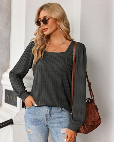 Zeagoo Tunic Tops for Women Loose Fit Dressy Square Neck Long Sleeve Shirts Rib Kint Pullover Blouses