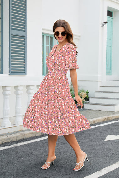 Boho Floral Layer Ruffle Hem Midi A-Line Dress