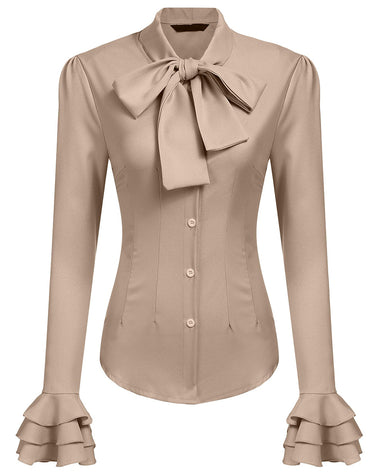 Women Bow Tie Neck Blouses Ruffle Long Sleeve Shirts Button-Down Office Work Casual Tops XS-3XL - Zeagoo (Us Only)