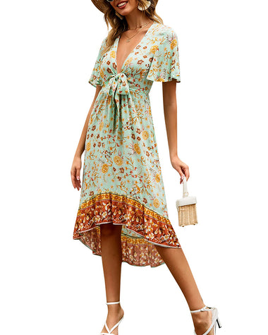 Bohemian Floral Tie Front V Neck Midi Dresses - Zeagoo (Us Only)