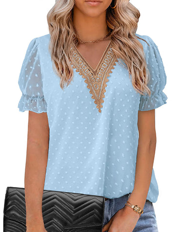 Womens V Neck Puff Short Sleeve Tops Swiss Dots Chiffon Lace Neckline Shirts Blouses - Zeagoo (Us Only)