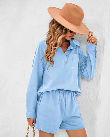 Womens 2 Piece Outfits Lounge Sets Cotton Linen Long Sleeve V-Neck Shirt and Mini Shorts With Pockets - Zeagoo (Us Only)