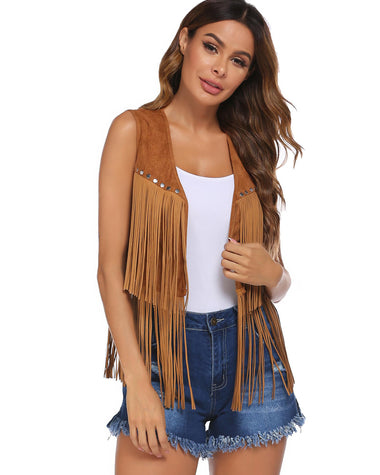 Zeagoo Womens Fringe Vest 70s Cowgirl Costume Faux Suede Rave Outfits Western Hippie Clothes S-XXXL