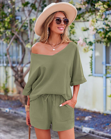 Women's 2 Piece Cotton Linen Tracksuit Short Sleeve Casual Shorts Set V Neck Beach Outfits - Zeagoo (Us Only)