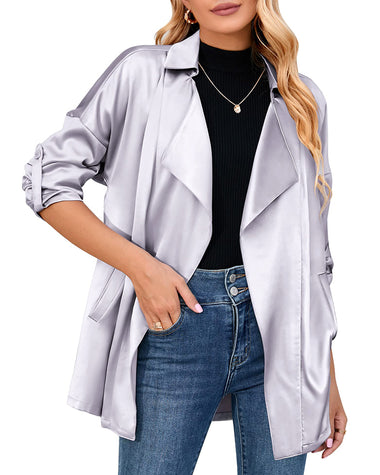 Womens Oversized Blazer Jackets Satin Roll Sleeve Open Front Casual Work Cardigan Jacket with Pockets - Zeagoo (Us Only)