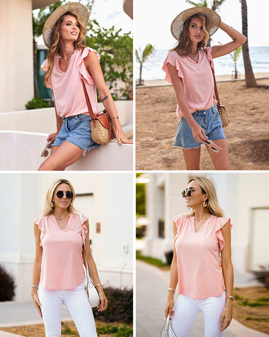 Women's Casual Ruffle Sleeve Summer Tops Sexy V Neck Tank Tops Shirts Short Sleeve Loose T Shirt Blouses - Zeagoo (Us Only)