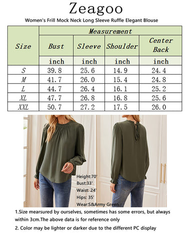 Women's Frill Mock Neck Blouse Long Sleeve Ruffle Shirt Top Elegant Office Tops S-XXL - Zeagoo (Us Only)