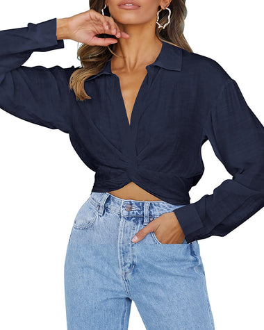 Zeagoo Women's V Neck Twist Hem Blouse Long Sleeve Crop Top Casual Button Shirts