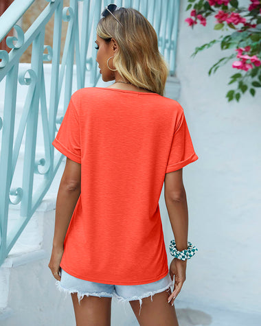 Women's Scoop Neck Short Sleeve Tees Chest Pocket T Shirt Summer Blouses Tops - Zeagoo (Us Only)