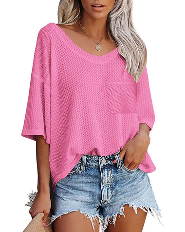 Women's Waffle Short Sleeve Top Summer Loose Blouse Casual V Neck Shirt - Zeagoo (Us Only)