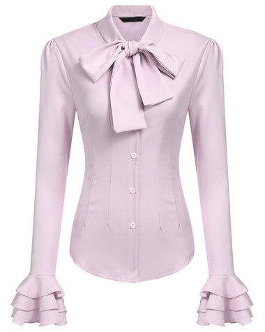 Women Bow Tie Neck Blouses Ruffle Long Sleeve Shirts Button-Down Office Work Casual Tops XS-3XL - Zeagoo (Us Only)