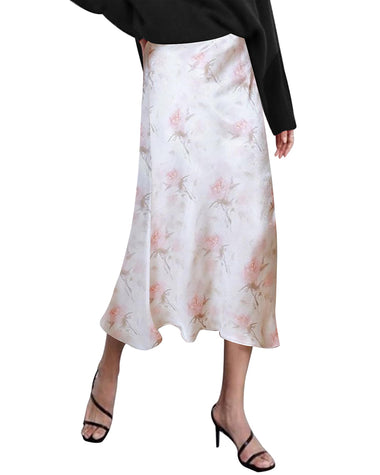 New Womens Midi Skirt High Waisted Solid Satin Dress Zipper Elegant Work Skirts - Zeagoo (Us Only)