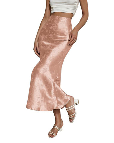 New Womens Midi Skirt High Waisted Solid Satin Dress Zipper Elegant Work Skirts - Zeagoo (Us Only)