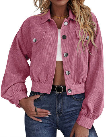 Women's Fashion Cropped Shacket Long SLeeve Trendy Button Down Corduroy Shirts Shacket Jackets - Zeagoo (Us Only)