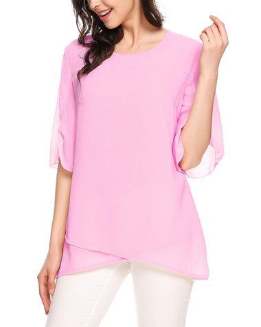 Womens Casual Scoop Neck Loose Top 3/4 Sleeve Chiffon Blouse Shirt Tops - Zeagoo (Us Only)