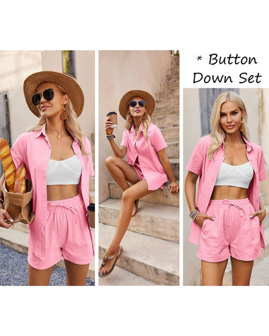 Women 2 Piece Linen Set Outfit Summer Button Down Casual Lounge Beach Set - Zeagoo (Us Only)