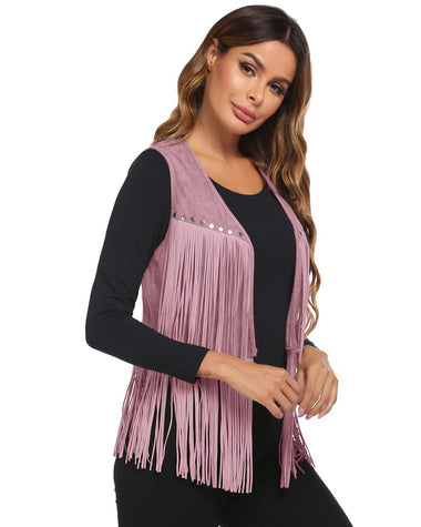 Zeagoo Womens Fringe Vest 70s Cowgirl Costume Faux Suede Rave Outfits Western Hippie Clothes S-XXXL