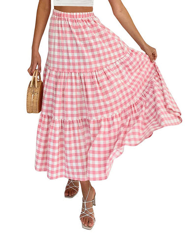 Women's Boho Elastic High Waist Ruffle A Line Swing Beach Long Maxi Skirt with Pockets - Zeagoo (Us Only)