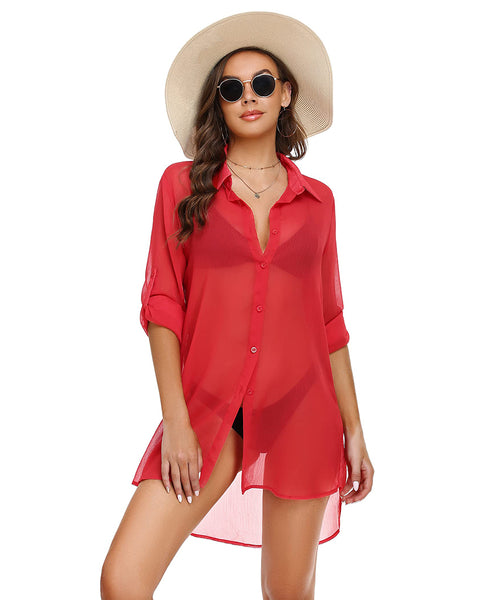 zeagoo womens cover up chiffon swimsuit cover up button down bikini beachwear roll up sleeve bathing suit cover up shirt