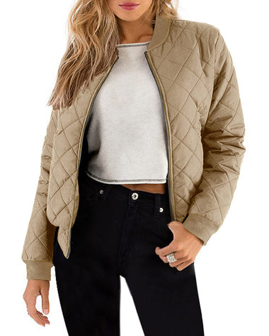 Women's Quilted Bomber Jacket Casual Coat Zip Up Outerwear Windbreaker with Pockets - Zeagoo (Us Only)