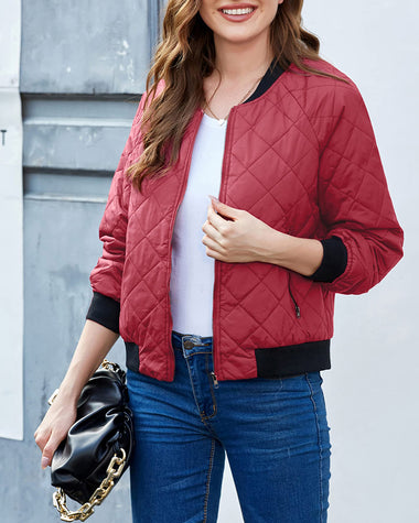 womens quilted bomber jacket casual coat zip up outerwear windbreaker with pockets zeagoo us only