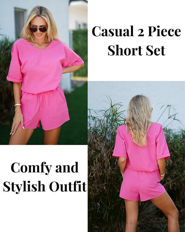 Women's 2 Piece Cotton Linen Tracksuit Short Sleeve Casual Shorts Set V Neck Beach Outfits - Zeagoo (Us Only)