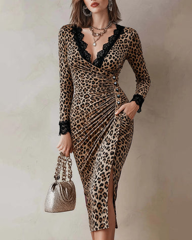 Zeagoo Elegant Lace Spliced Leopard Midi Dress for W... - Zeagoo ZEAGOO Zeagoo Elegant Lace Spliced Leopard Midi Dress for W... - Zeagoo ZEAGOO