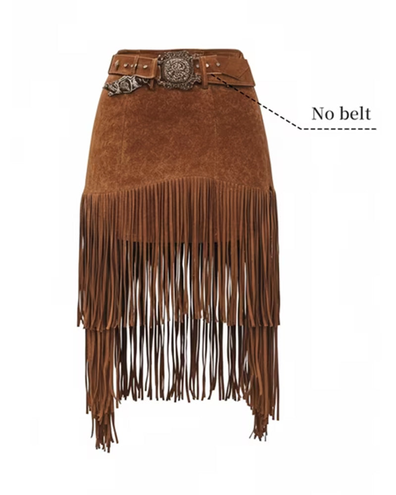 Women's Faux Suede High Waist Fringe Maxi Skirt – ZEAGOO